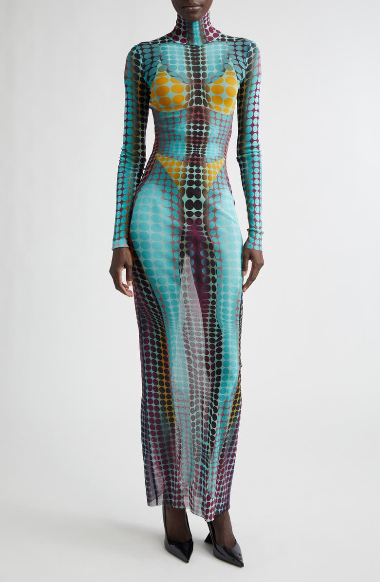 Jean Paul Gaultier Re-Edition Polka Dot Trompe l'Oeil Long Sleeve Mesh Dress, Main, color, Blue/ Purple/ Yellow