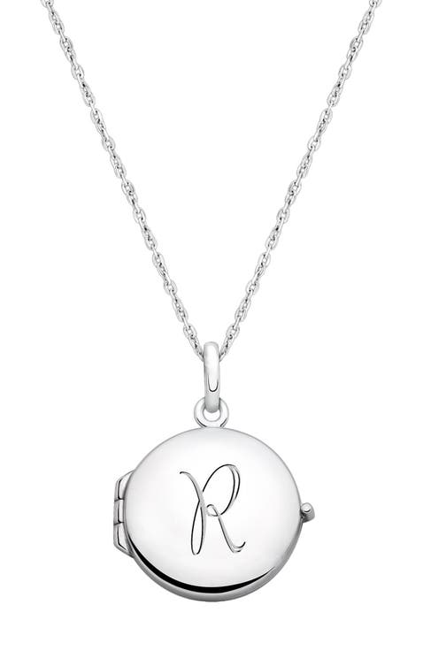 Sterling Silver Round Locket & Engraved Initial 14-16" Necklace