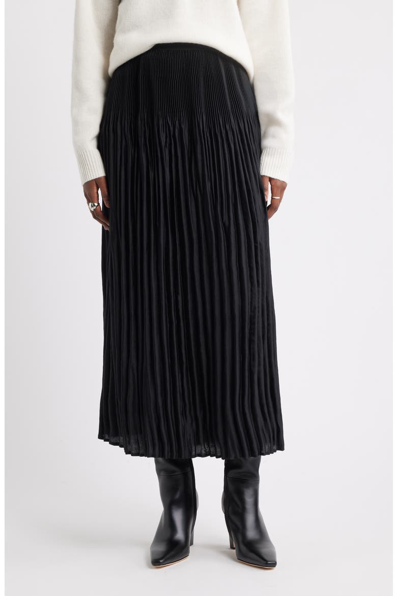 Pleated Satin Midi Skirt, Main, color, BLACK