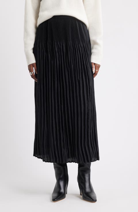 Pleated Satin Midi Skirt