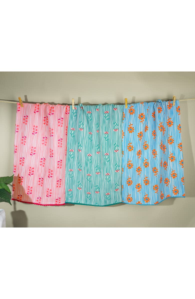 Tiramisu Floral Set of 3 Cotton Waffle Kitchen Towels, Alternate, color, Coral/ Teal / French