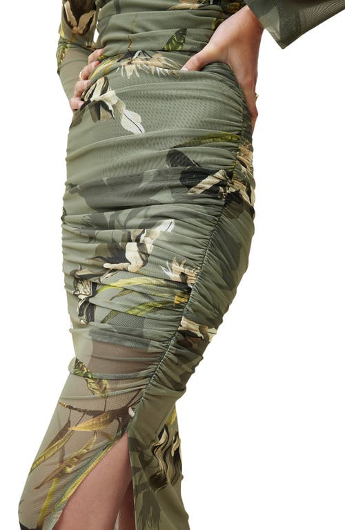 Allsaints Hanako Print Mesh Wrap Maxi Dress In Emerge Olive Green