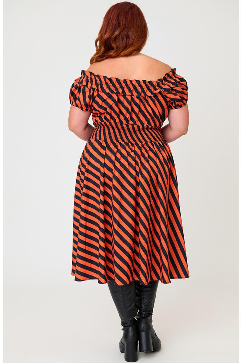 Plus Size 1950s Off The Shoulder Ruffle Swing Dress, Alternate, color, Orange Bias Stripe