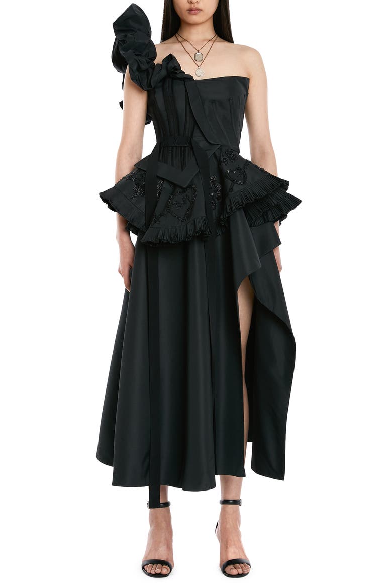 Embroidered Deconstructed Bustier Dress, Main, color, BLACK