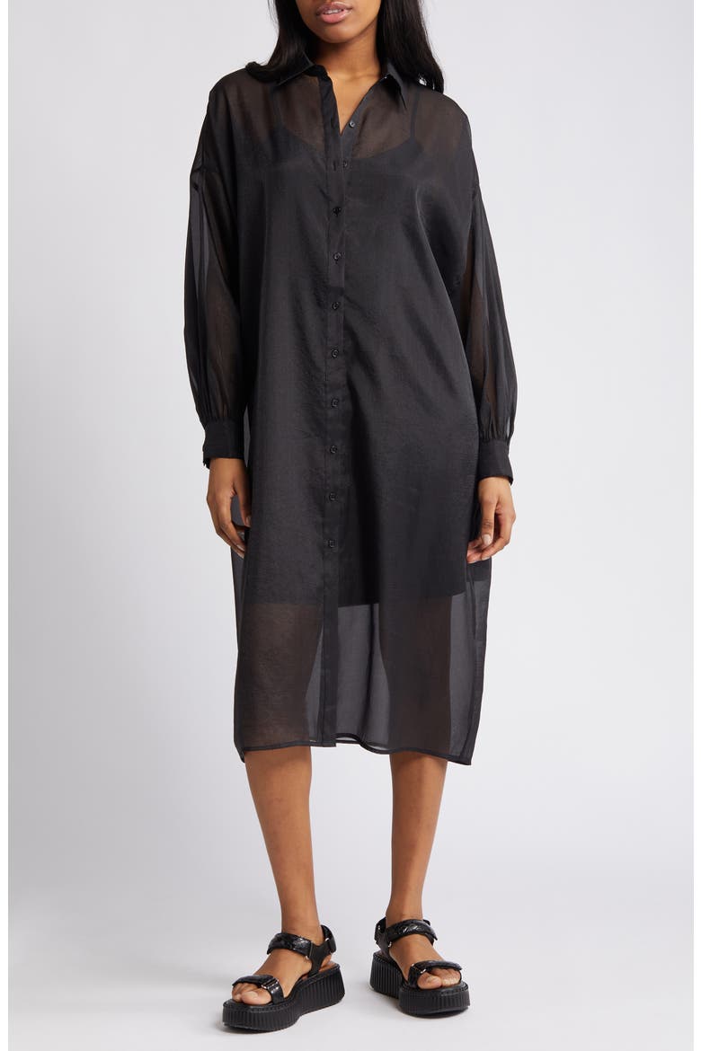 Barely There Long Sleeve Semisheer Shirtdress, Main, color, BLACK