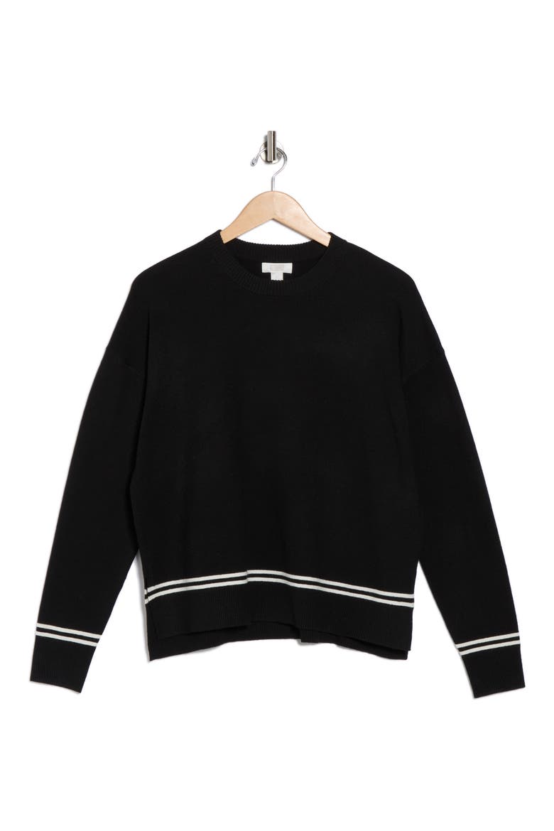 Tipped Crewneck Sweater, Alternate, color, BLACK- IVORY T TIPPING