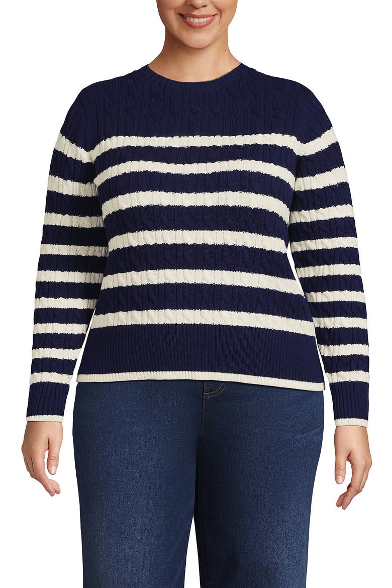 Drifter Modern Cable Crew Sweater, Main, color, Deep Sea Navy/Ivory Stripe