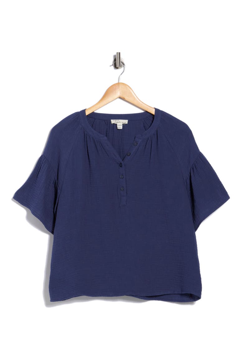 Flutter Sleeve Cotton Gauze Henley, Alternate, color, NAVY TIME