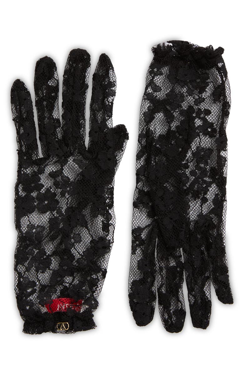Valentino Garavani VLOGO Sheer Floral Lace Gloves, Main, color, N06 Nero/ Oro