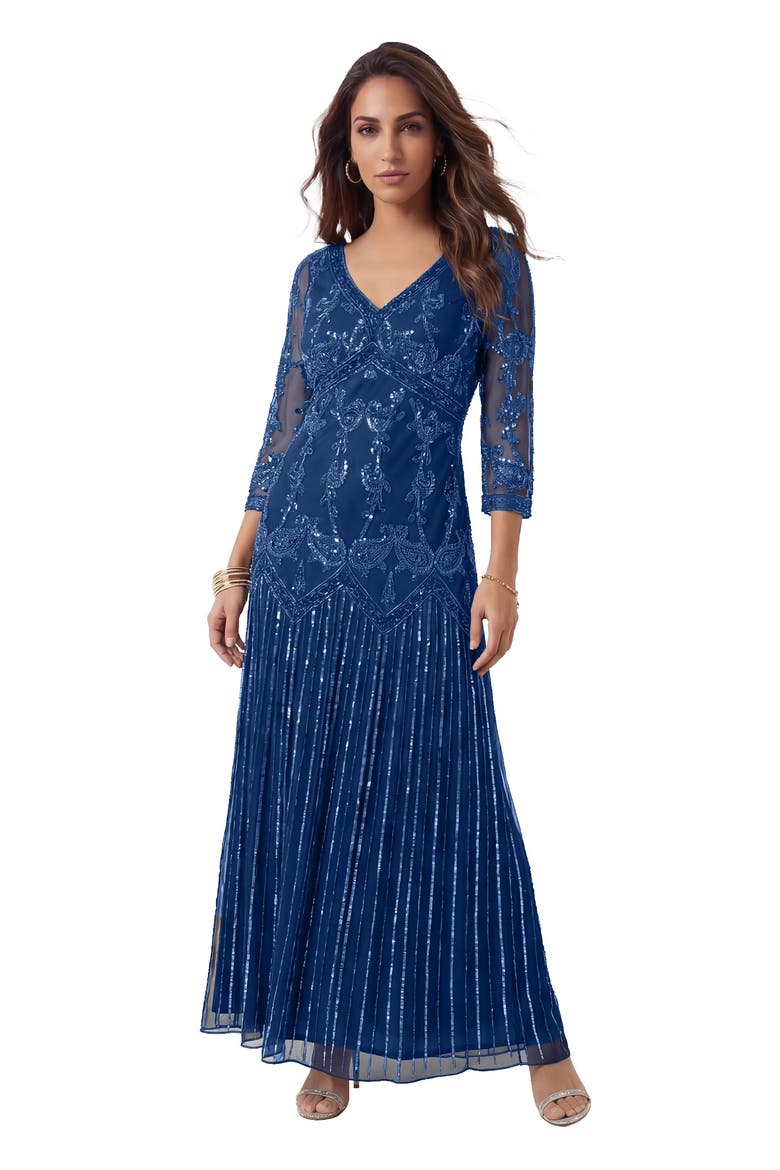 Plus Size Beaded V Neck 3/4 Sleeve Sleeve Maxi Gown, Alternate, color, EVENING BLUE
