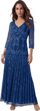 Roaman's Plus Size Beaded V Neck 3/4 Sleeve Sleeve Maxi Gown