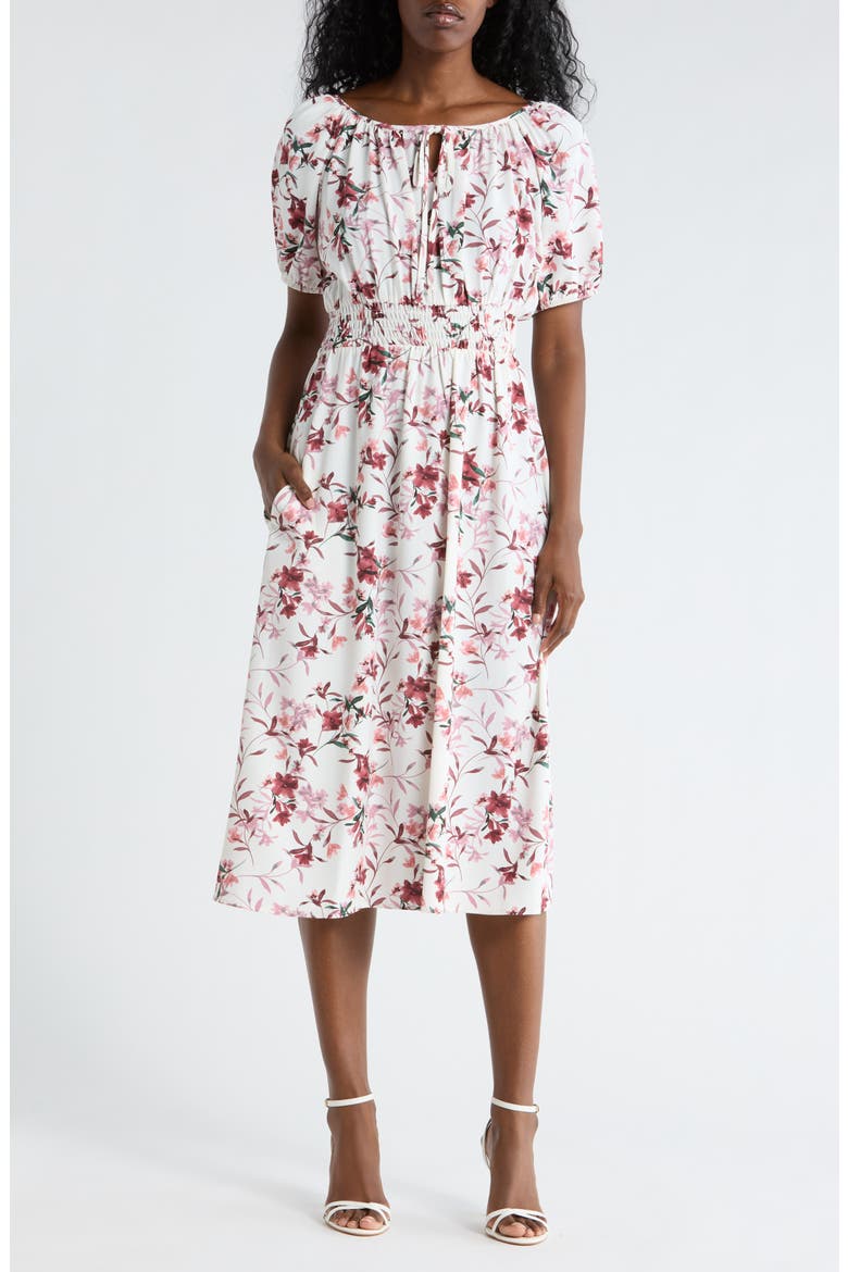 Floral Raglan Sleeve Smocked Waist Midi Dress, Main, color, ROSEWOOD