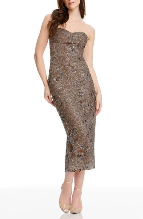 Shailene Sequin Floral Strapless Cocktail Sheath Dress