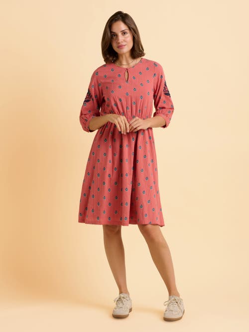 Brakeburn Rolling 3/4 Sleeve Round Neck Midi Dress In Brown