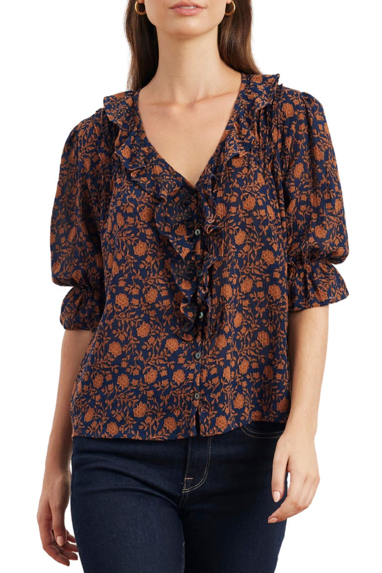 Chloe Cotton Ruffle Shirt, Main, color, Navy Batik