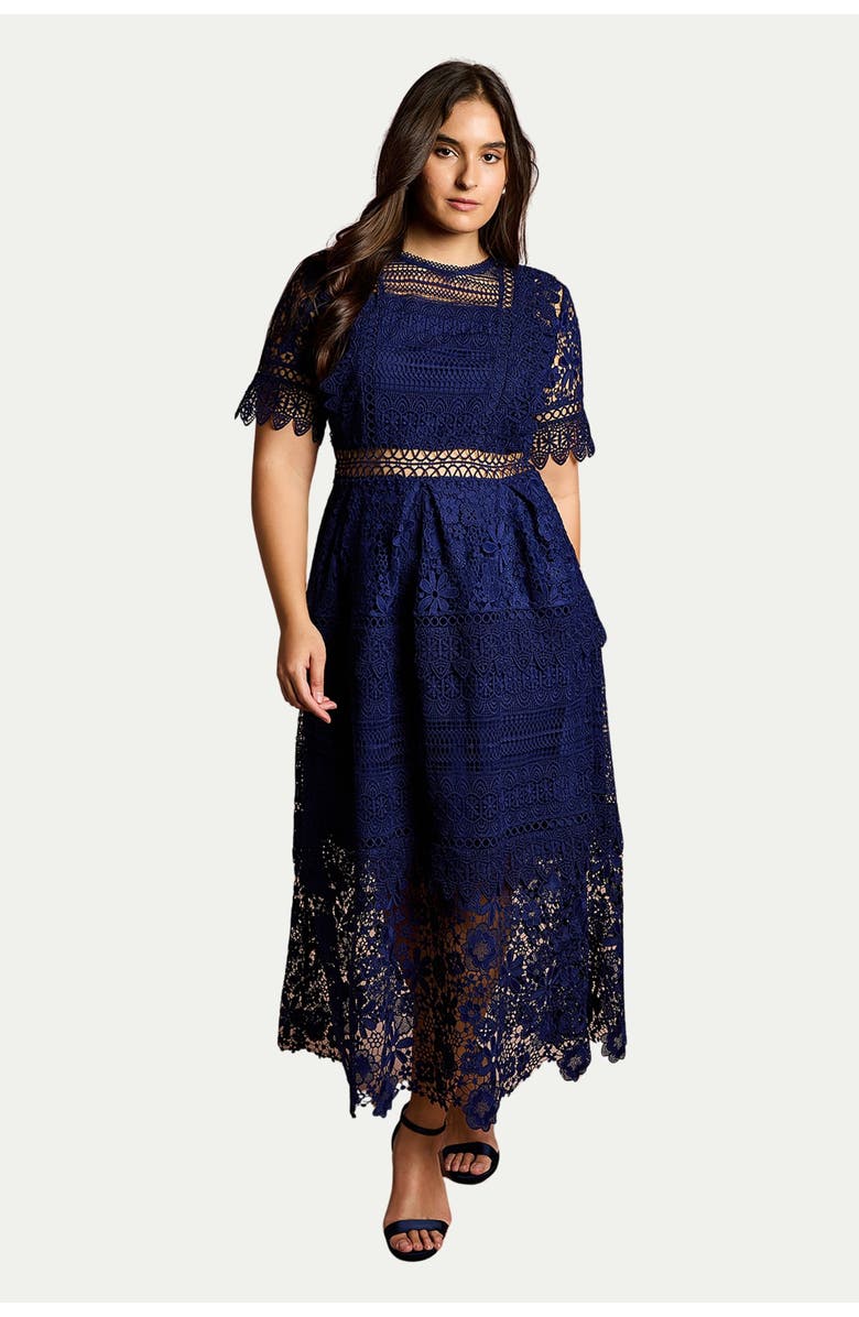 Coast Short Sleeve Lace Midi Dress, Main, color, Navy