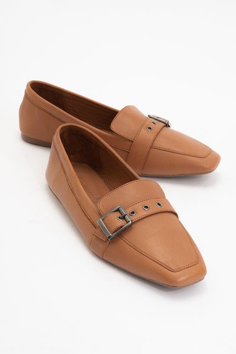Noir Leather Flat Loafers (Women)