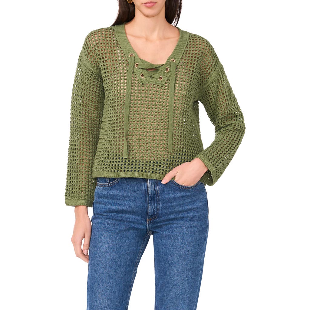 Two By Vince Camuto Open Stitch Lace-up Top In Dark Green