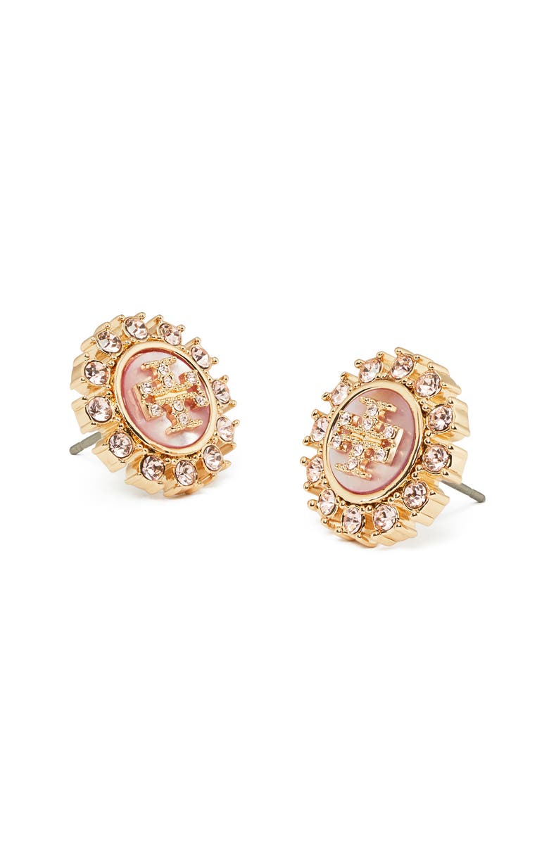 Tory Burch Moondance Mother-of-Pearl & Crystal Stud Earrings, Alternate, color, Tory Gold / Pink