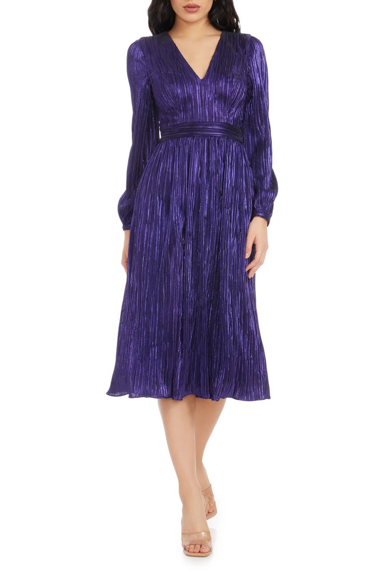 Holly Long Sleeve Metallic Plissé Dress, Main, color, DEEP PLUM