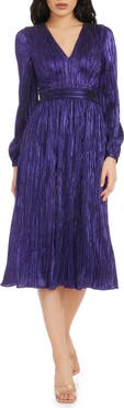 Dress the Population Holly Long Sleeve Metallic Plissé Dress