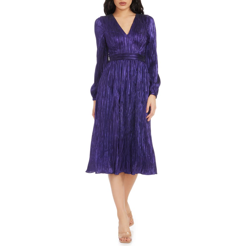 DRESS THE POPULATION DRESS THE POPULATION HOLLY LONG SLEEVE METALLIC PLISSÉ DRESS