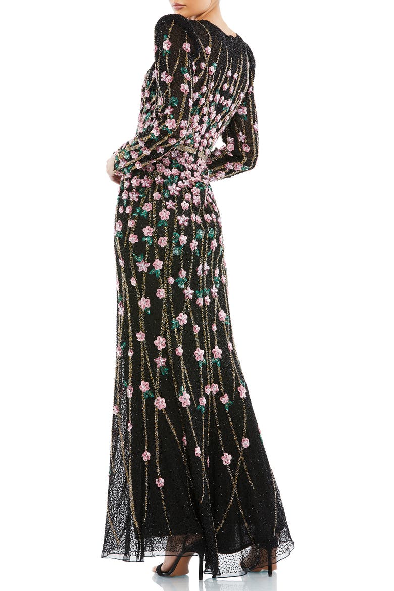 Floral Embellished Mesh Gown with High Neck & Sheer Long Sleeves, Alternate, color, BLACK MULTI
