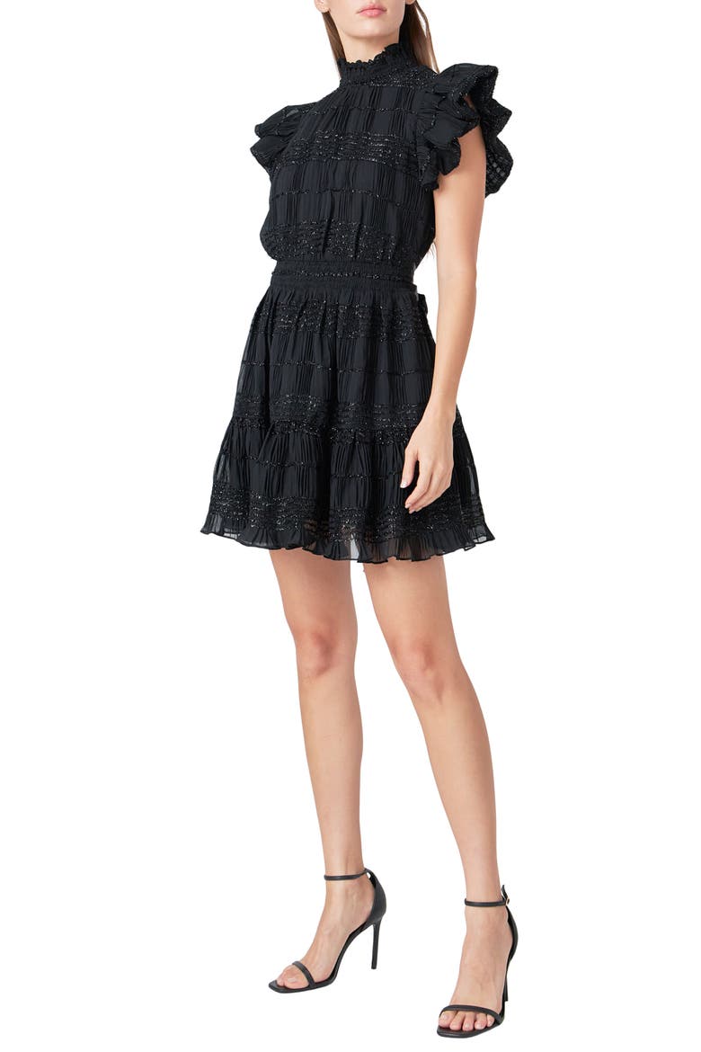 Metallic Ruffle Smocked Chiffon Minidress, Alternate, color, BLACK