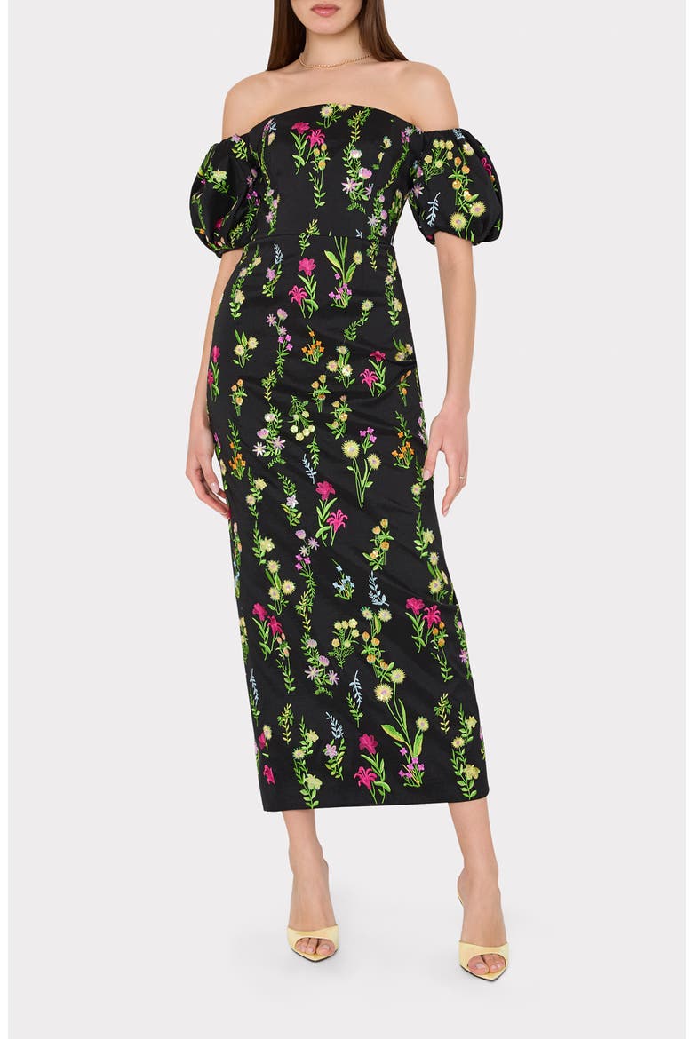 Nira Bloom Embroidered Off the Shoulder Gown, Main, color, BLACK MULT
