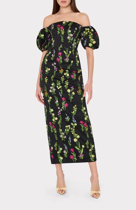 Nira Bloom Embroidered Off the Shoulder Gown