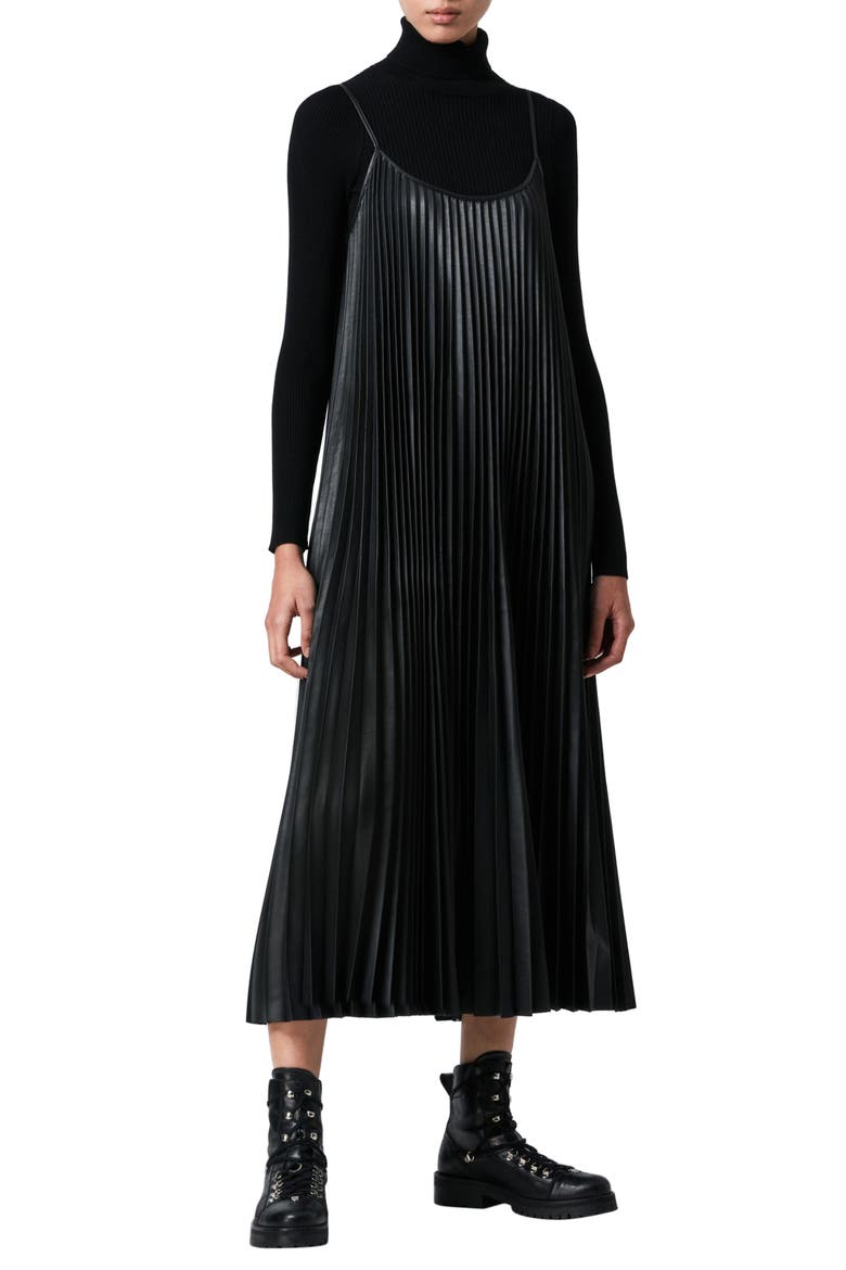 Alexis Two-Piece Faux Leather Pleated Dress & Bodysuit, Main, color, BLACK