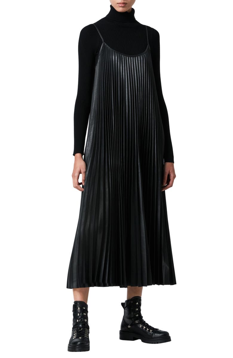 AllSaints Alexis Two-Piece Faux Leather Pleated Dress & Bodysuit, Main, color,