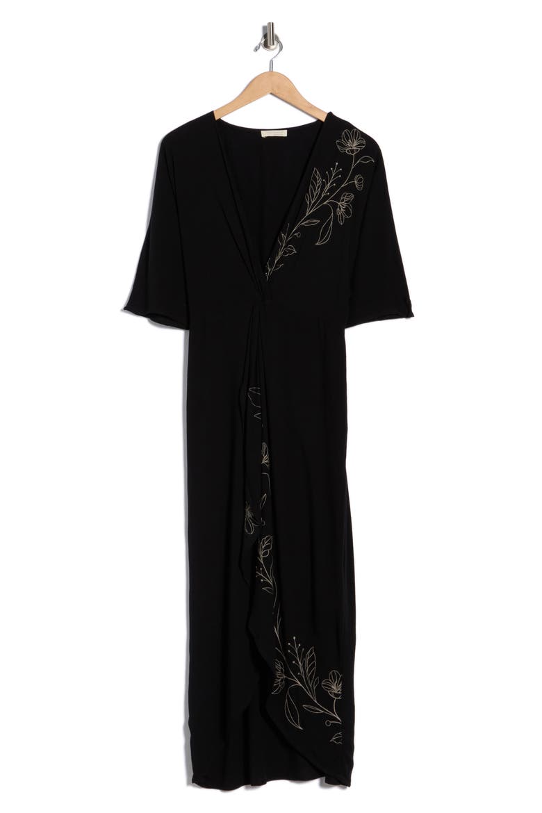 Floral Embroidered Knot Front Maxi Dress, Alternate, color, BLACK/ NATURAL