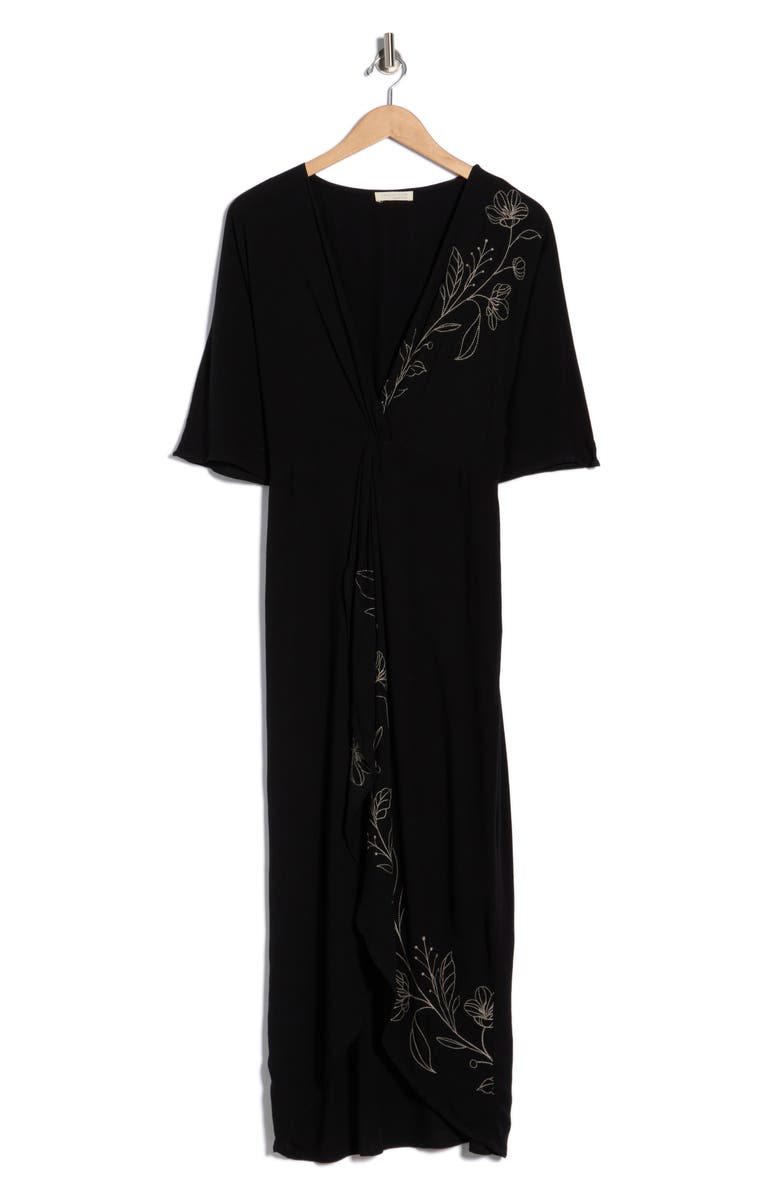 Lovestitch Floral Embroidered Knot Front Maxi Dress, Alternate, color, Black/ Natural