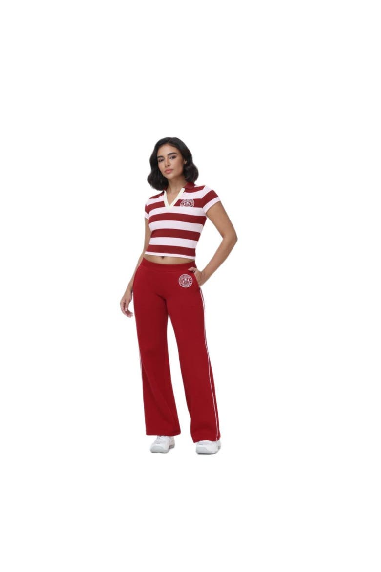 Cropped Striped Polo Knit Top, Alternate, color, RED DAHLIA/SOFT GLOW COMBO