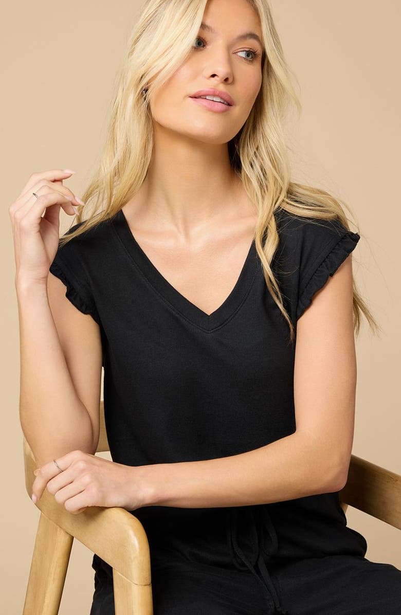 Softies Dream Ruffle V-neck with Cropped Ruffle Edge Pant, Alternate, color, Black
