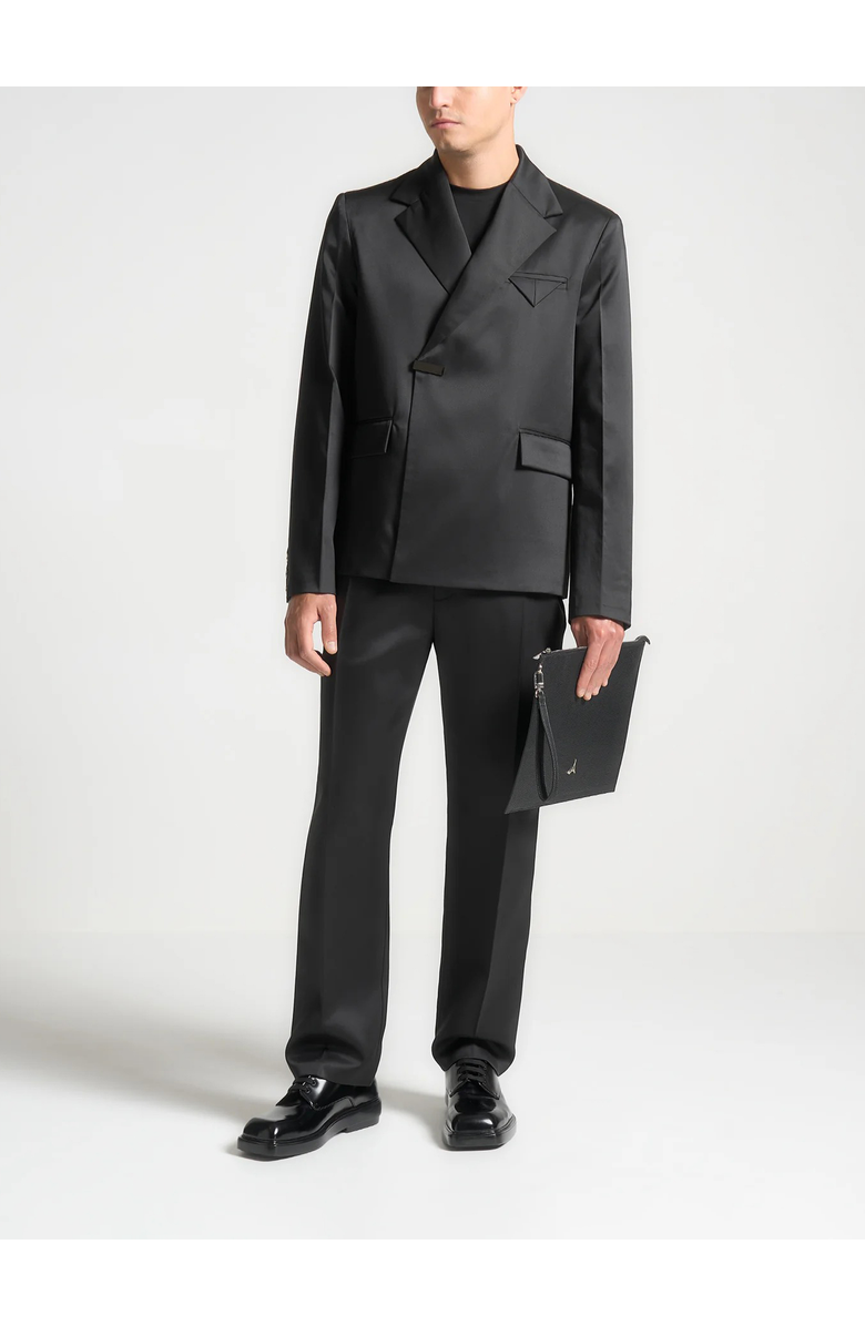 Manière De Voir Gaston Double Breasted Satin Suit Jacket, Main, color, Black