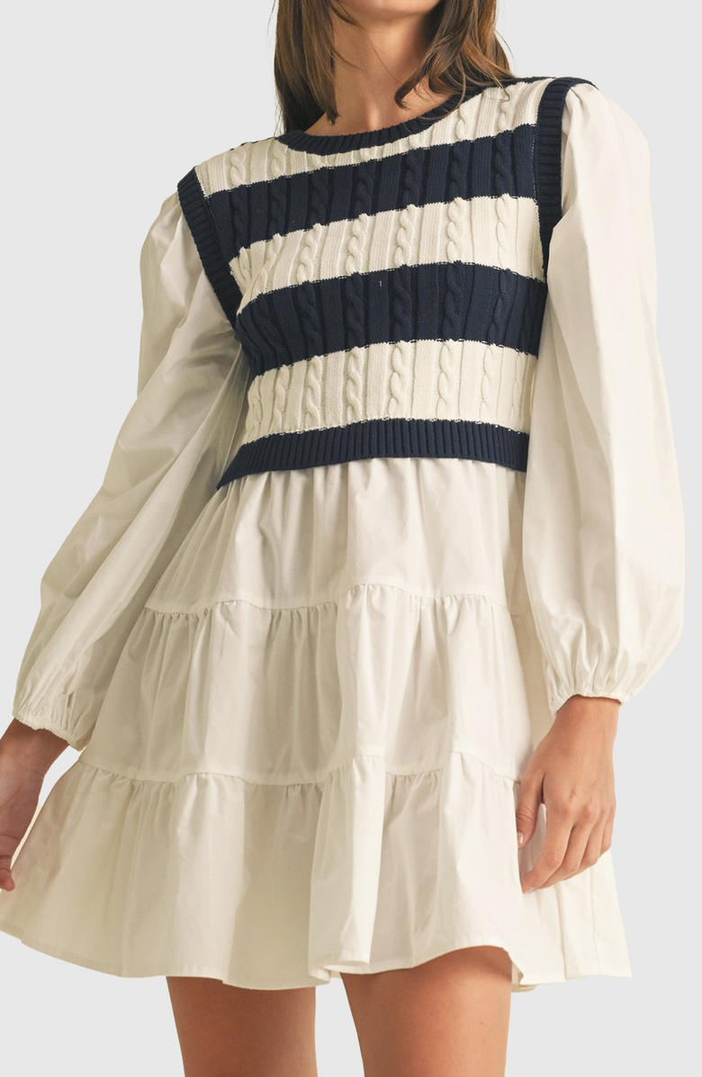 Modenaire Tiered Long Sleeve Mini Dress with Striped Knit Sweater Overlay, Alternate, color, 