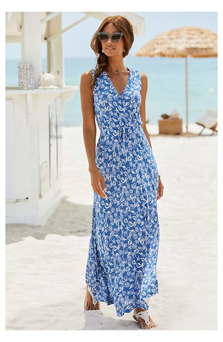 LASCANA Women's Sleeveless V-Neck Maxi Dress, Alternate, color, Blue-Printed