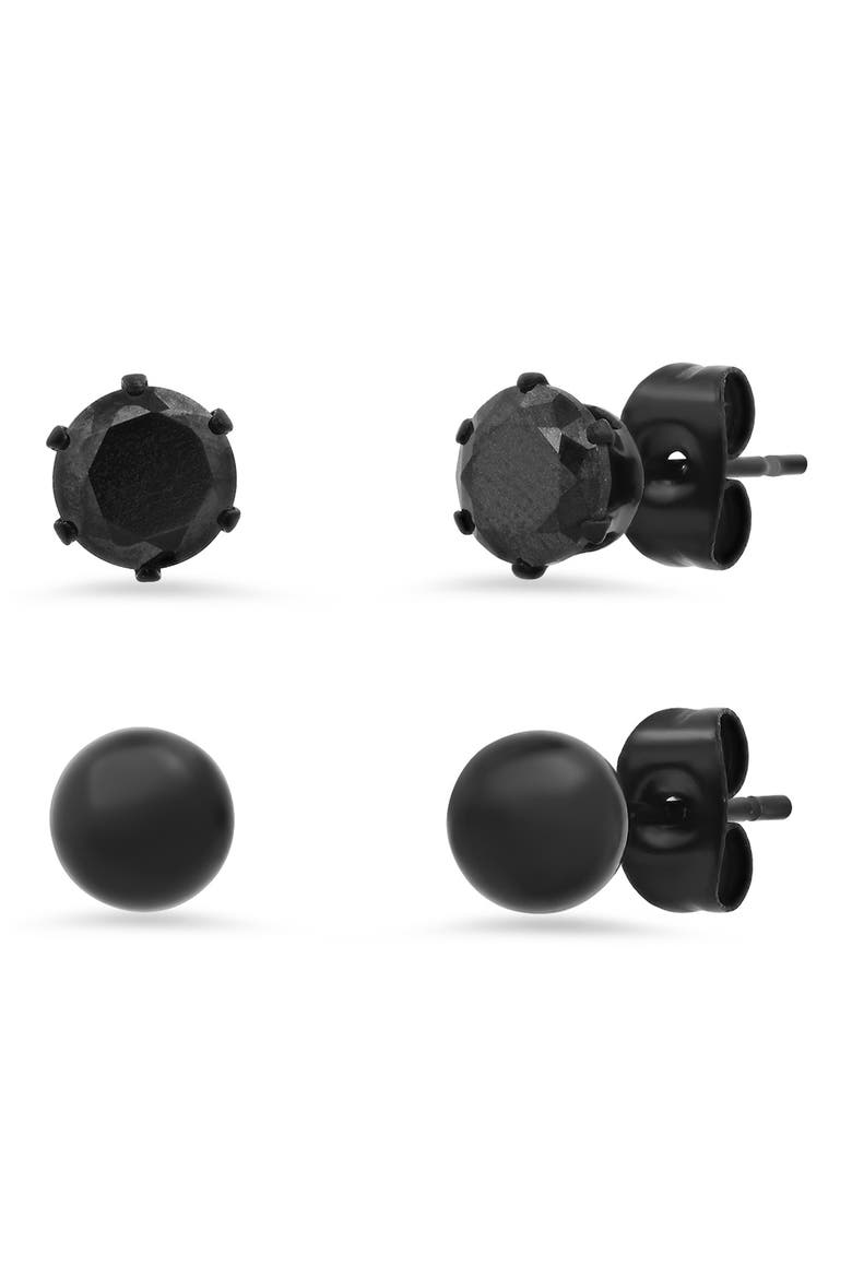 Black IP Stainless Steel Ball Stud & Simulated Diamond Stud Earrings Set, Main, color, BLACK