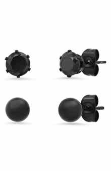 HMY JEWELRY Black IP Stainless Steel Ball Stud & Simulated Diamond Stud Earrings Set