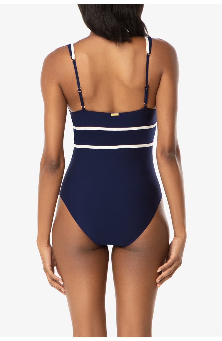 HELEN JON Plunge Front Tie One-Piece, Alternate, color, Navy Ivory