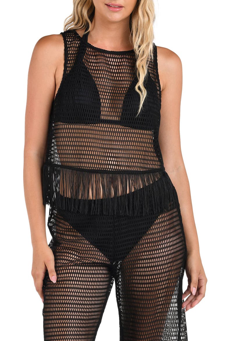 Fringe Trim Crochet Tank, Main, color, BLACK
