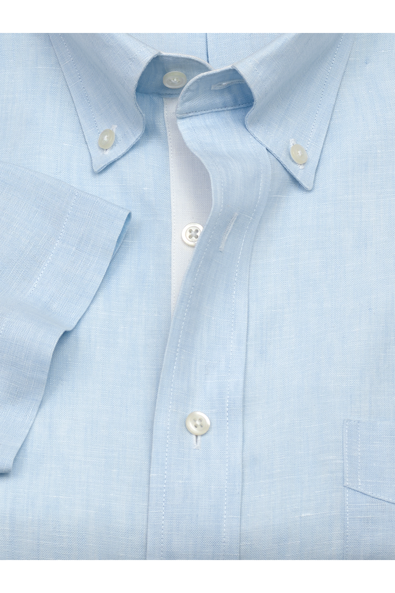Linen Buttondown Collar Poplin Tailored Contrast Trim Hemmed Short Sleeve Shirt, Alternate, color, Light Blue