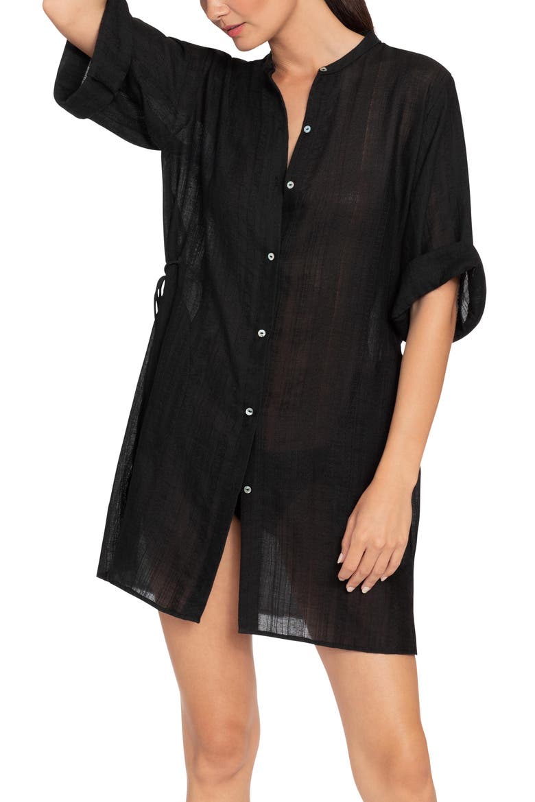 Michelle Mandarin Collar Tunic Cover-Up Dress, Main, color, BLACK