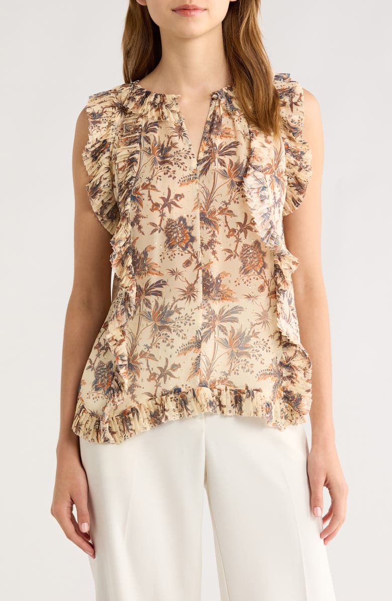 Ulla Johnson Sabra Floral Metallic Sleeveless Silk Blend Top, Main, color, Cameo
