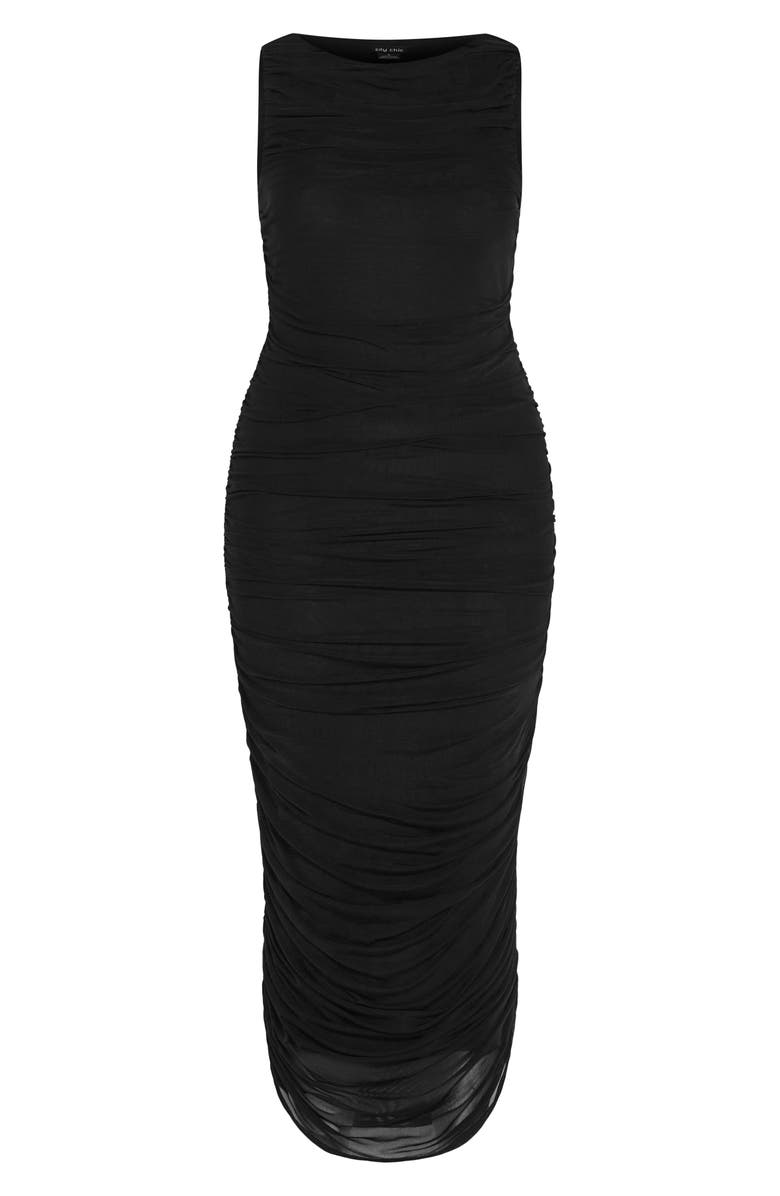 City Chic Halo Sleeveless Ruched Mesh Dress, Alternate, color, Black