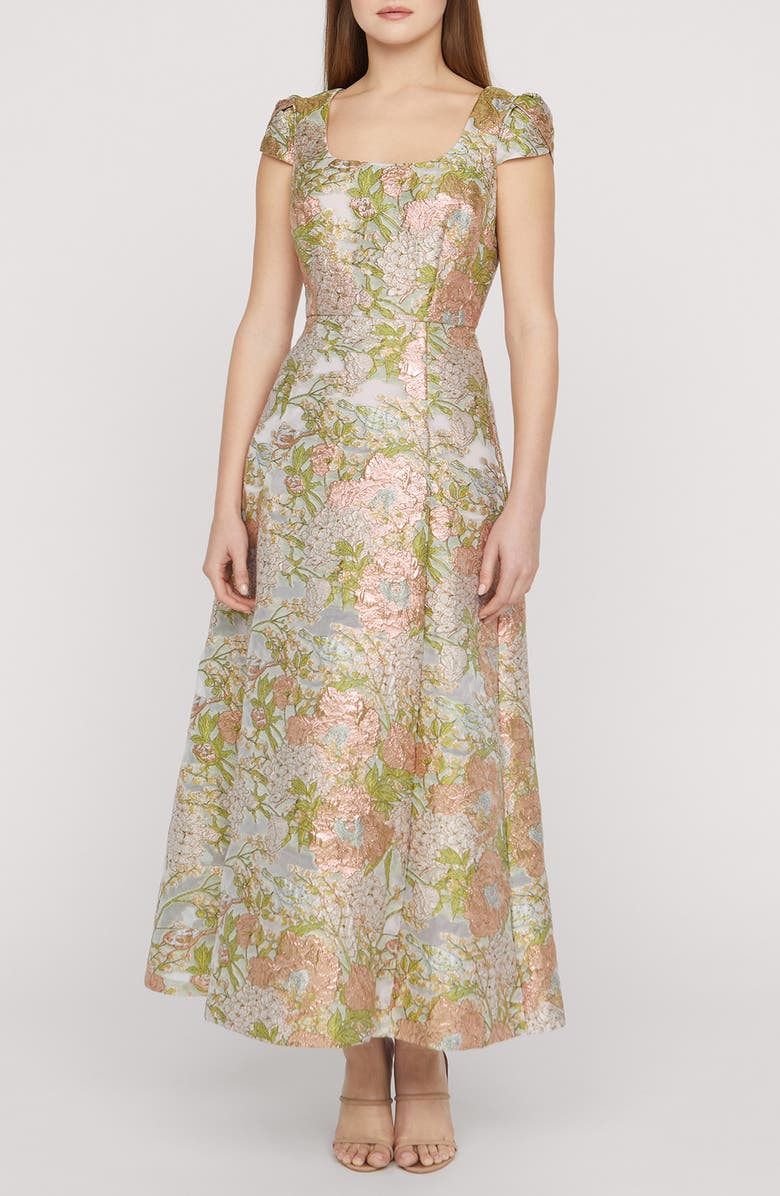 JS Collections Ruthanne Metallic Floral Jacquard Gown, Main, color, Blush/ Multi