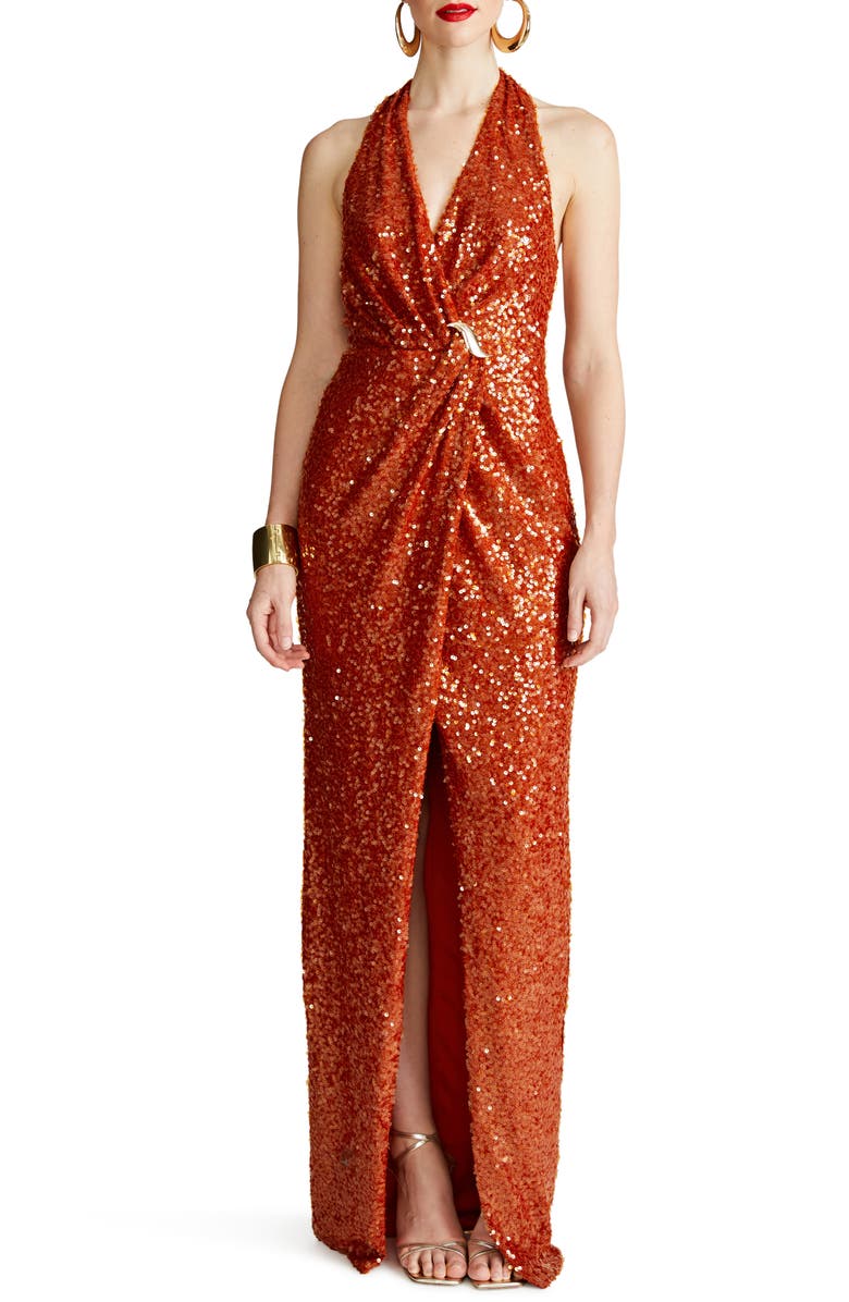 HALSTON Svetlana Foil Sequin Halter Gown, Main, color, 