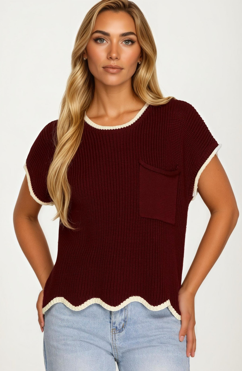 Knit and Lounge Short Sleeve Contrast Trim Pocket Knit Top, Main, color,